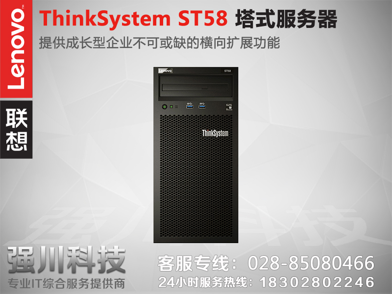 联想（ThinkSystem）ST58(替代TS250机型)入门级单路塔式服务器主机 至强E-2124G 4核3.4G CPU主机 16GB内存+3块1TB企业级硬 产品图